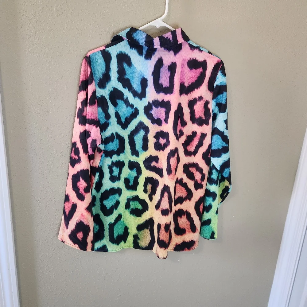 Green, Orange, Blue, & Black Colorful Leopard Print Button-Up Shirt. - Picture 7 of 9